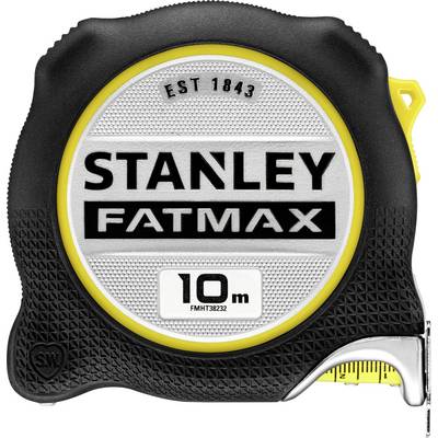 Stanley Fatmax tape measure, 10 m length, black and yellow casing, metal measuring tape visible.