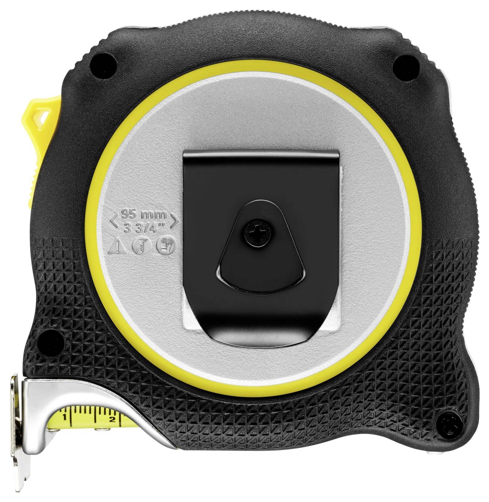 Black and yellow tape measure, viewed from above, with metal clip on the back and yellow tape pulled out on the left.