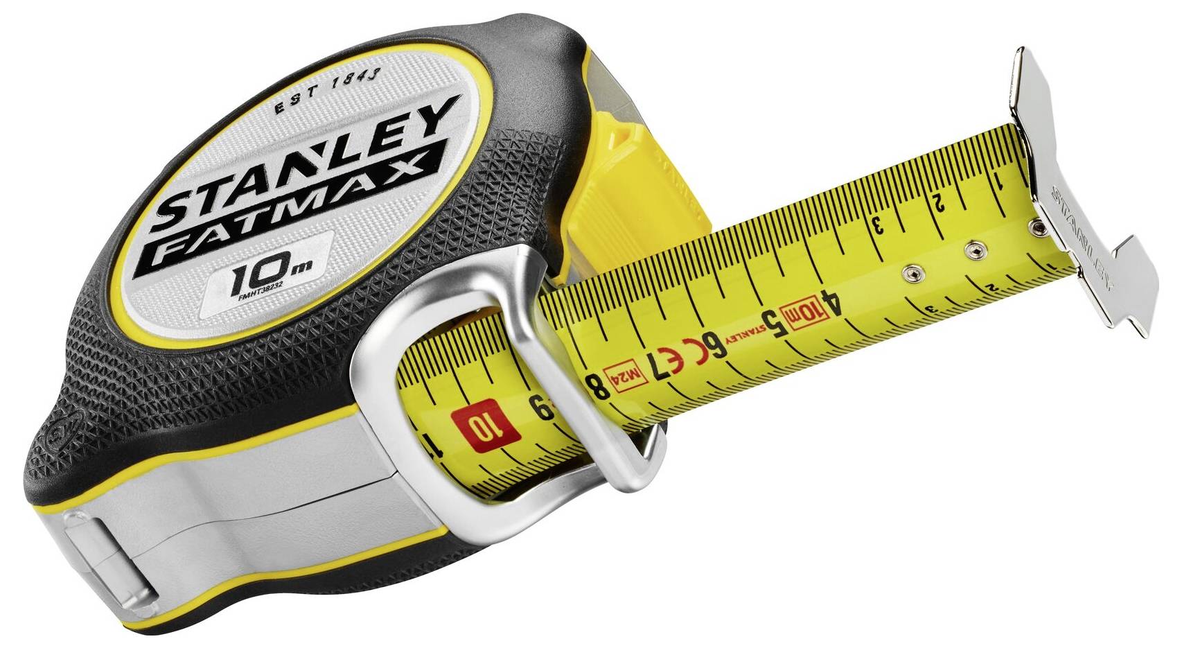A measuring tape with a yellow tape and black casing, displaying 'Stanley Fatmax' and '10M'. It is partially extended.