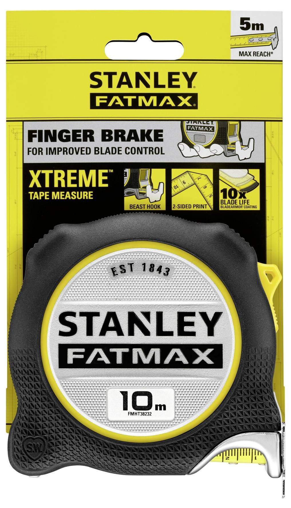 Stanley FatMax Measuring Tape, 10 m Length, with Finger Brake for Better Control and Bi-Directional Pressure, Exceptionally Robust.