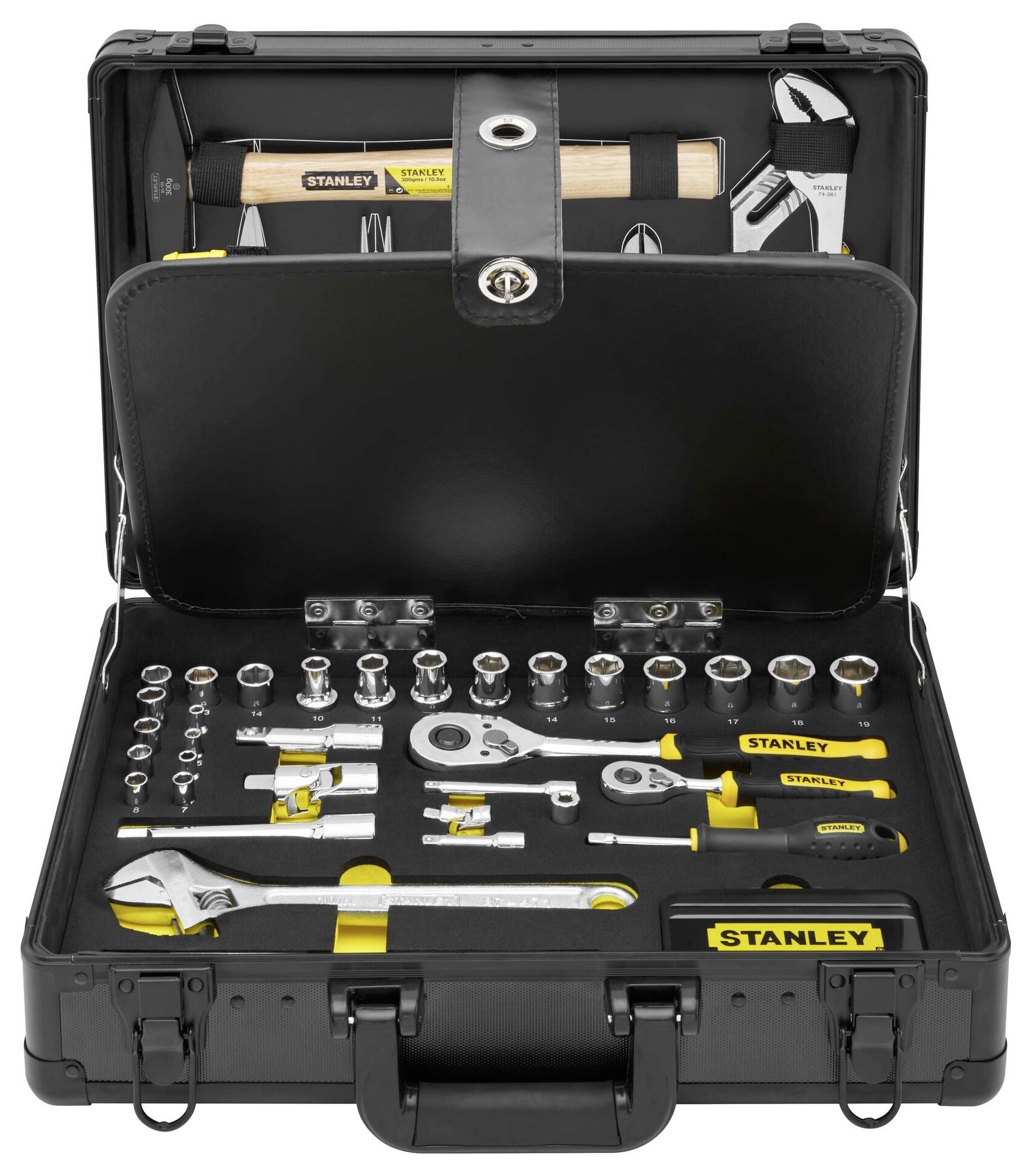 Black tool case with open lid, showing various tools: hammer, spanner, and socket wrenches sorted and arranged.