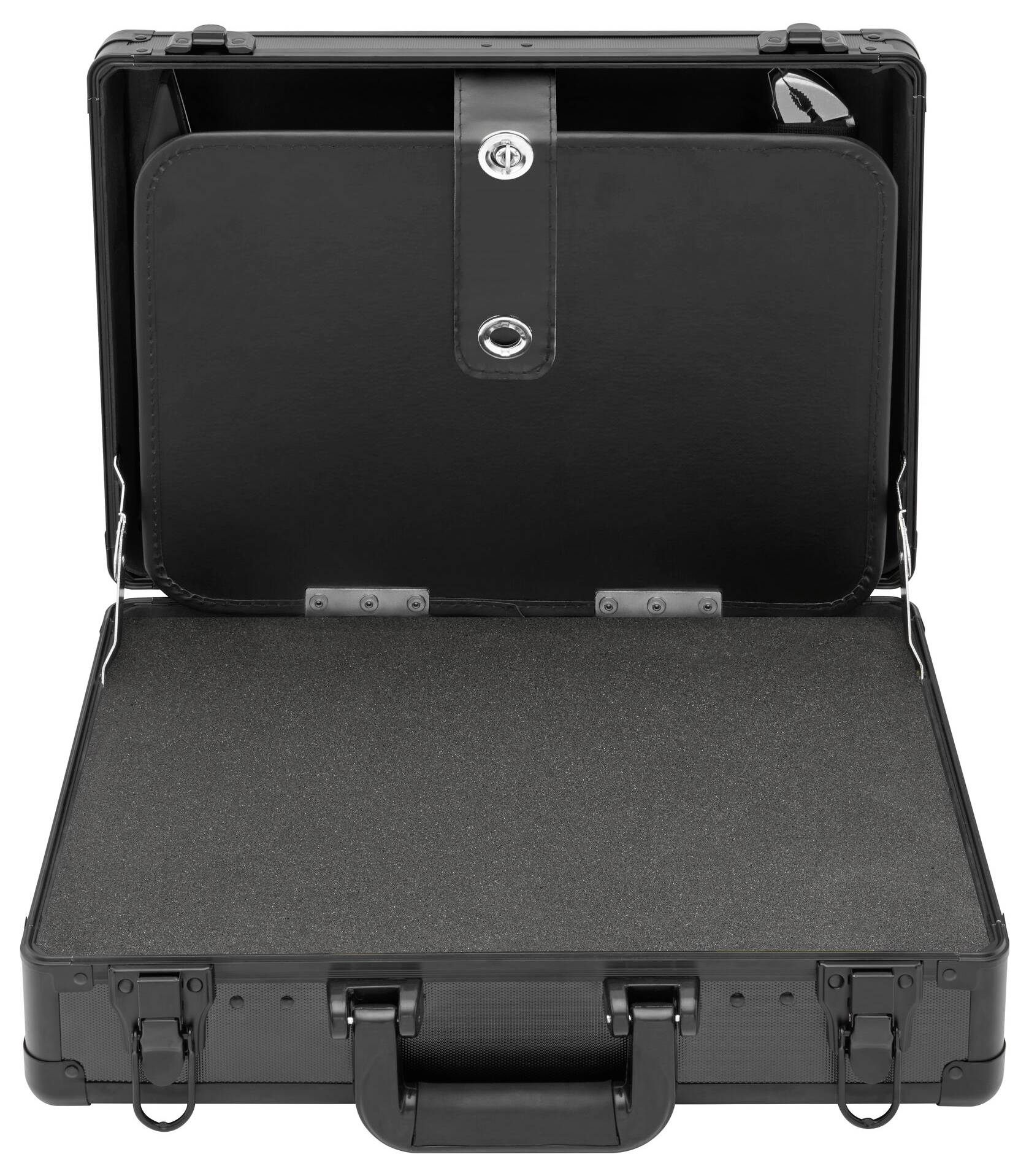An opened black briefcase with an empty interior and a flap secured by a lock.