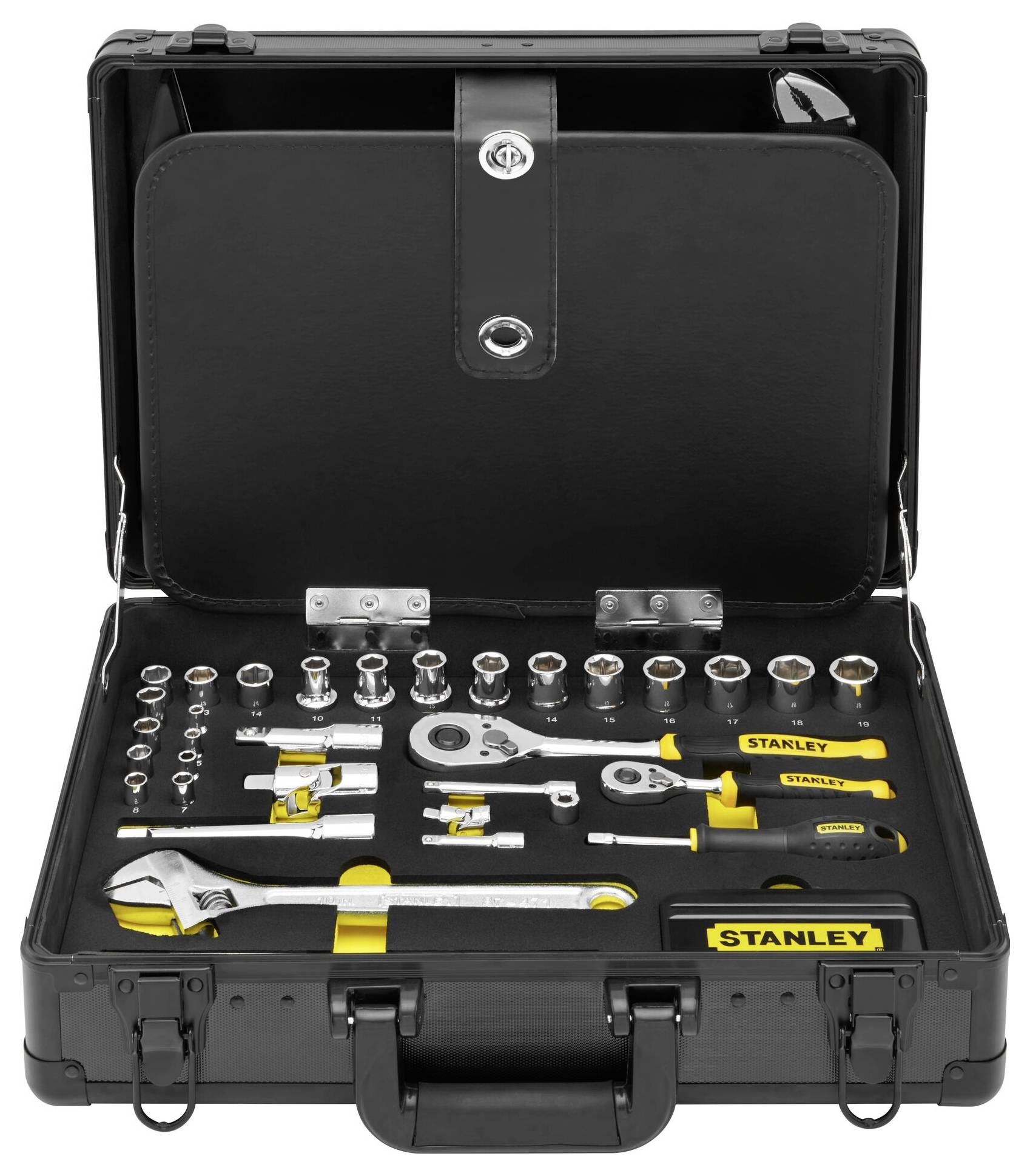 An open black toolbox containing various tools such as spanners, socket wrenches, and screwdrivers.