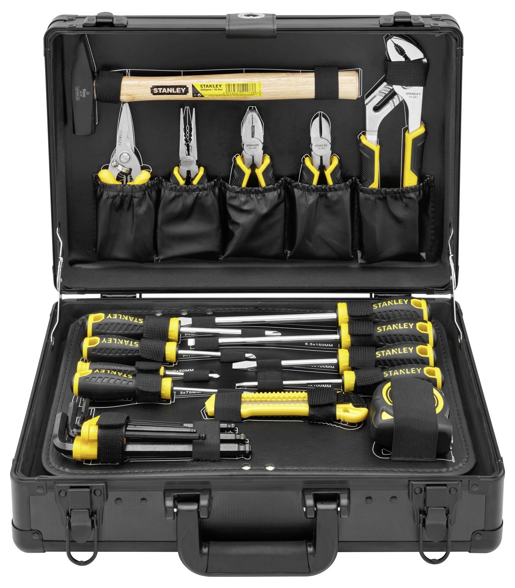 An open toolbox with various hand tools: a hammer, pliers, screwdrivers and a tape measure, arranged in neat compartments.