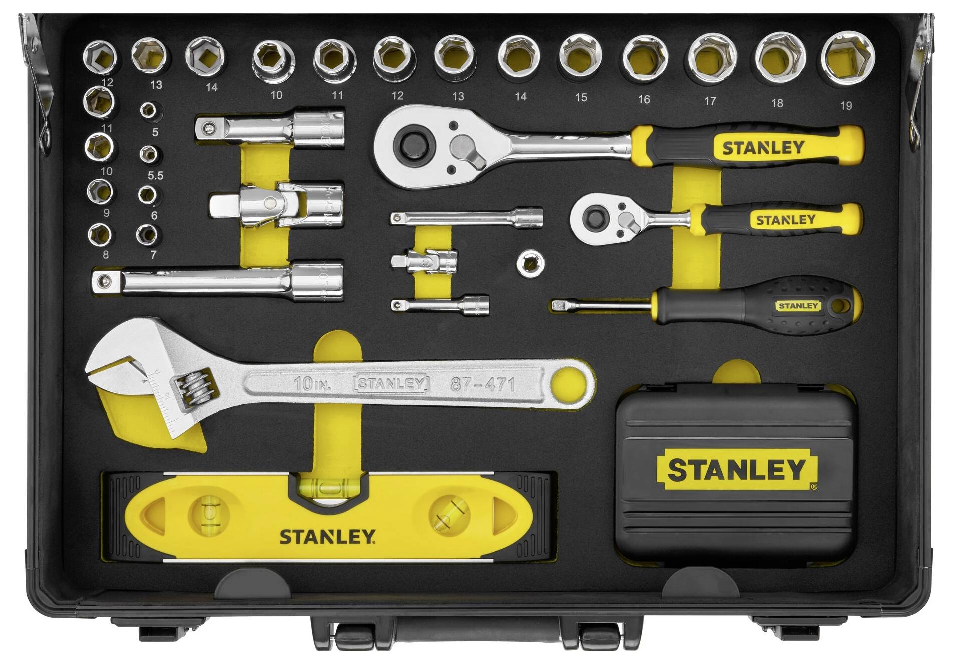 Tool kit with various socket wrenches, ratchets, a spanner, screwdrivers and a spirit level. Marked 'Stanley'.