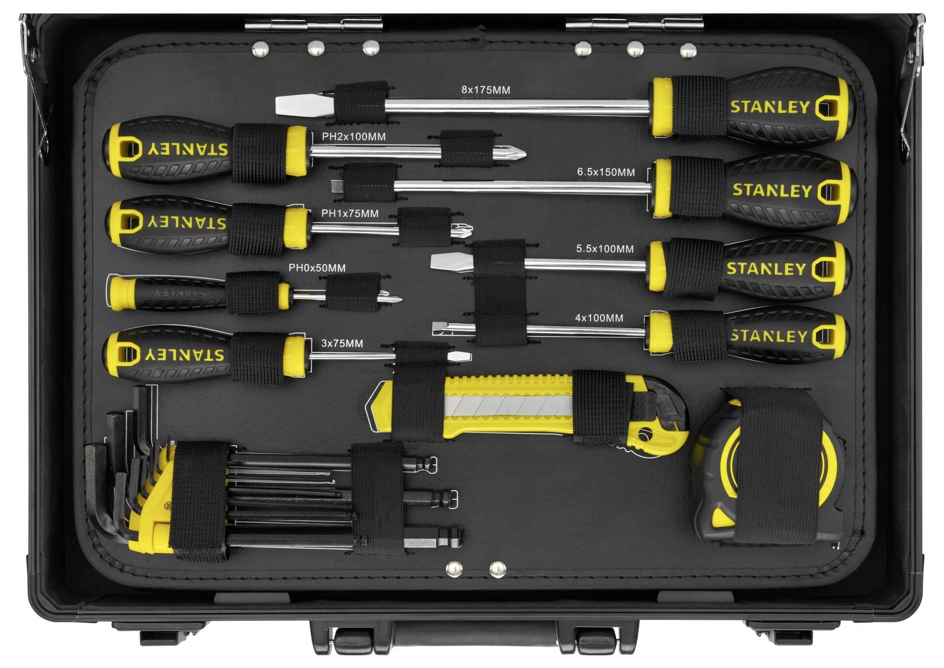 'Tool case with various screwdrivers, Allen keys, tape measure and Stanley knife, neatly arranged for tradespeople.'