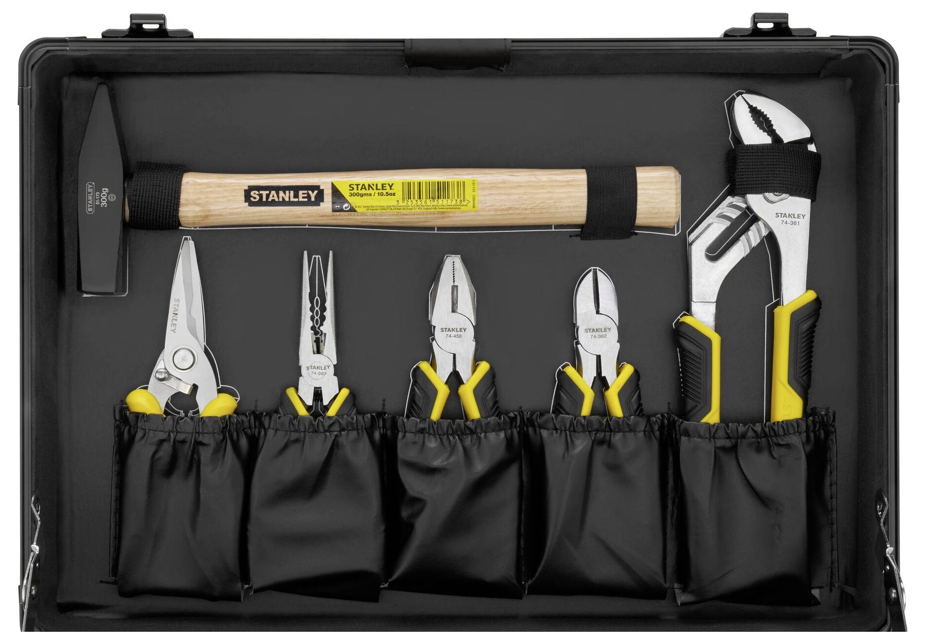 A toolkit with a hammer, pliers, and spanners, all with yellow accents, organised in a black bag.