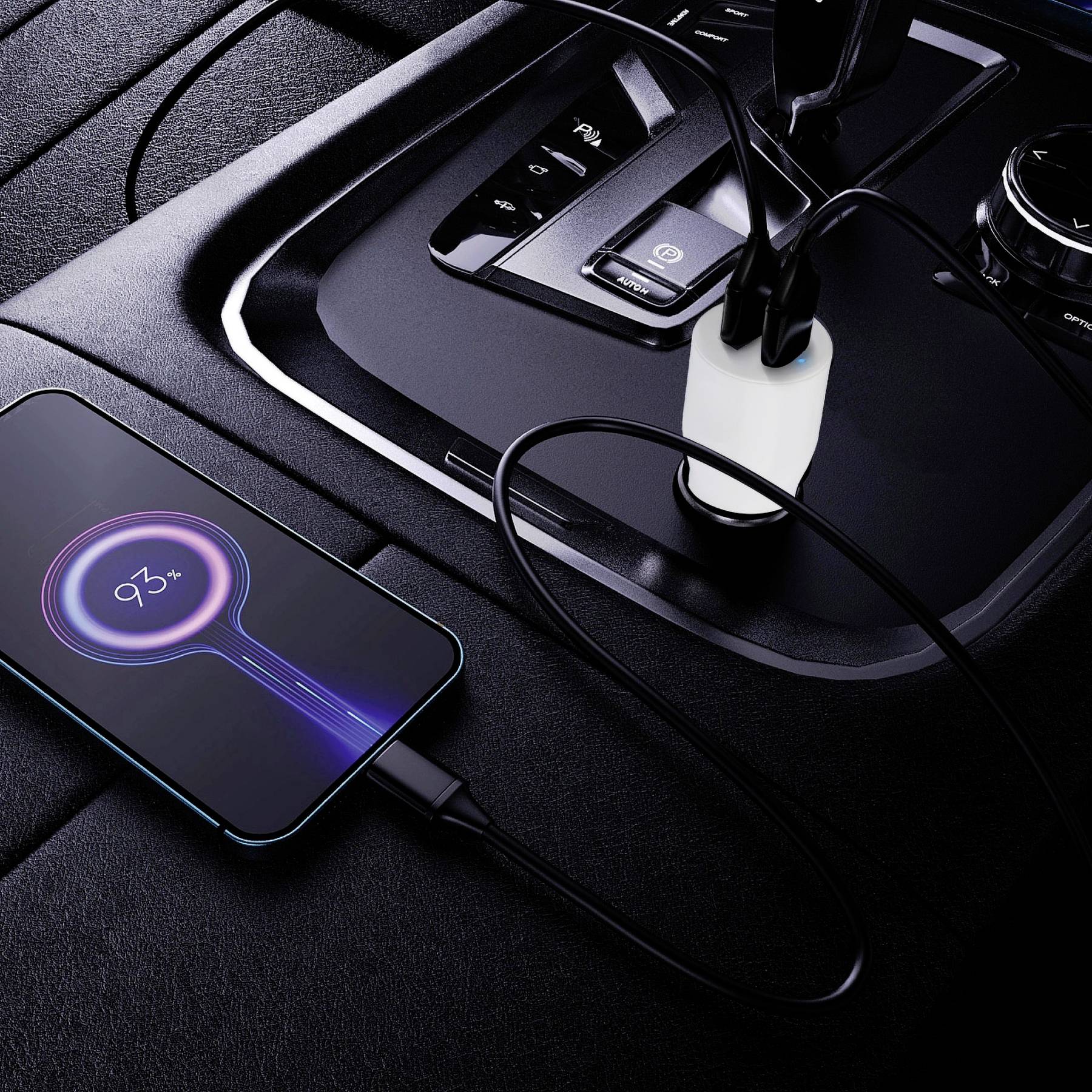 A smartphone is being charged in the car and displays 93% battery. The car interior is designed in a modern and minimalist style.