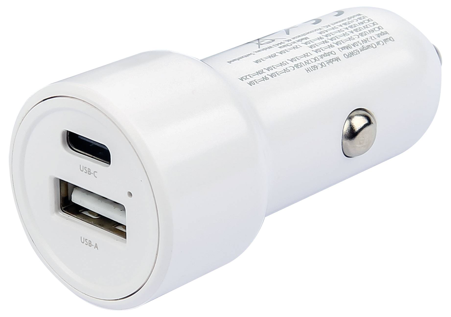White USB-A and USB-C car charger with cigarette lighter plug. Suitable for charging devices while driving.