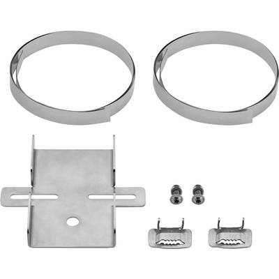 Two metal rings, a mounting bracket with screws and clips, likely installation hardware for mounting devices or pipes.