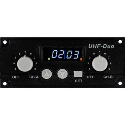Black control panel of a UHF duo device with display, showing '02103'. Two rotary knobs and several buttons are visible.