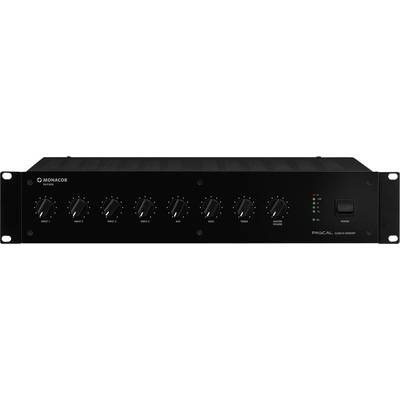 Here is an audio amplifier with seven rotary controls and a power switch.