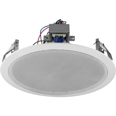 Round ceiling speaker with white grille cover and visible cables, suitable for indoor audio installations.