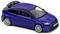 Blue model car of a sporty Ford with distinctive alloy wheels and a spoiler, set against a white background.