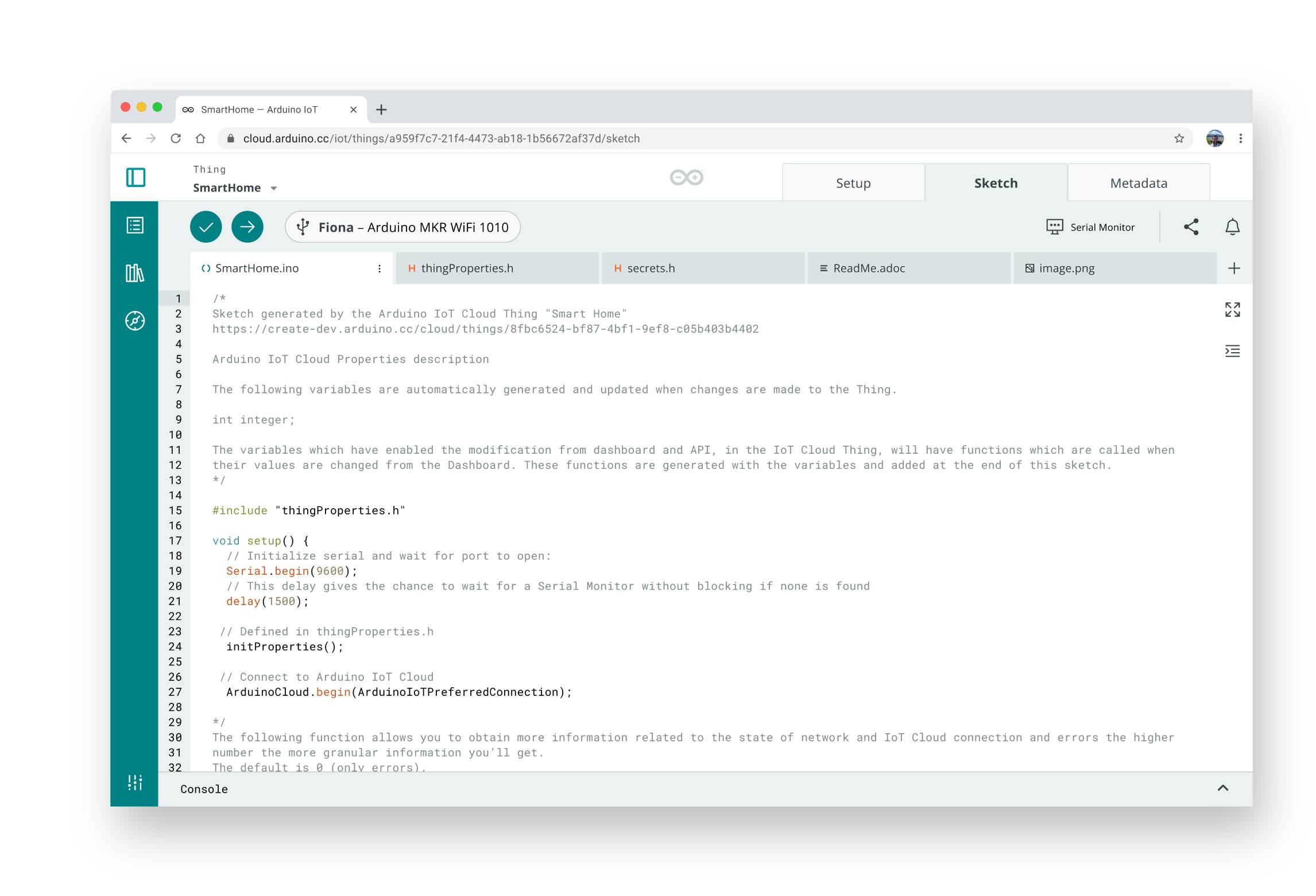 A screenshot of a programming interface shows code for configuring IoT cloud properties for an Arduino device.