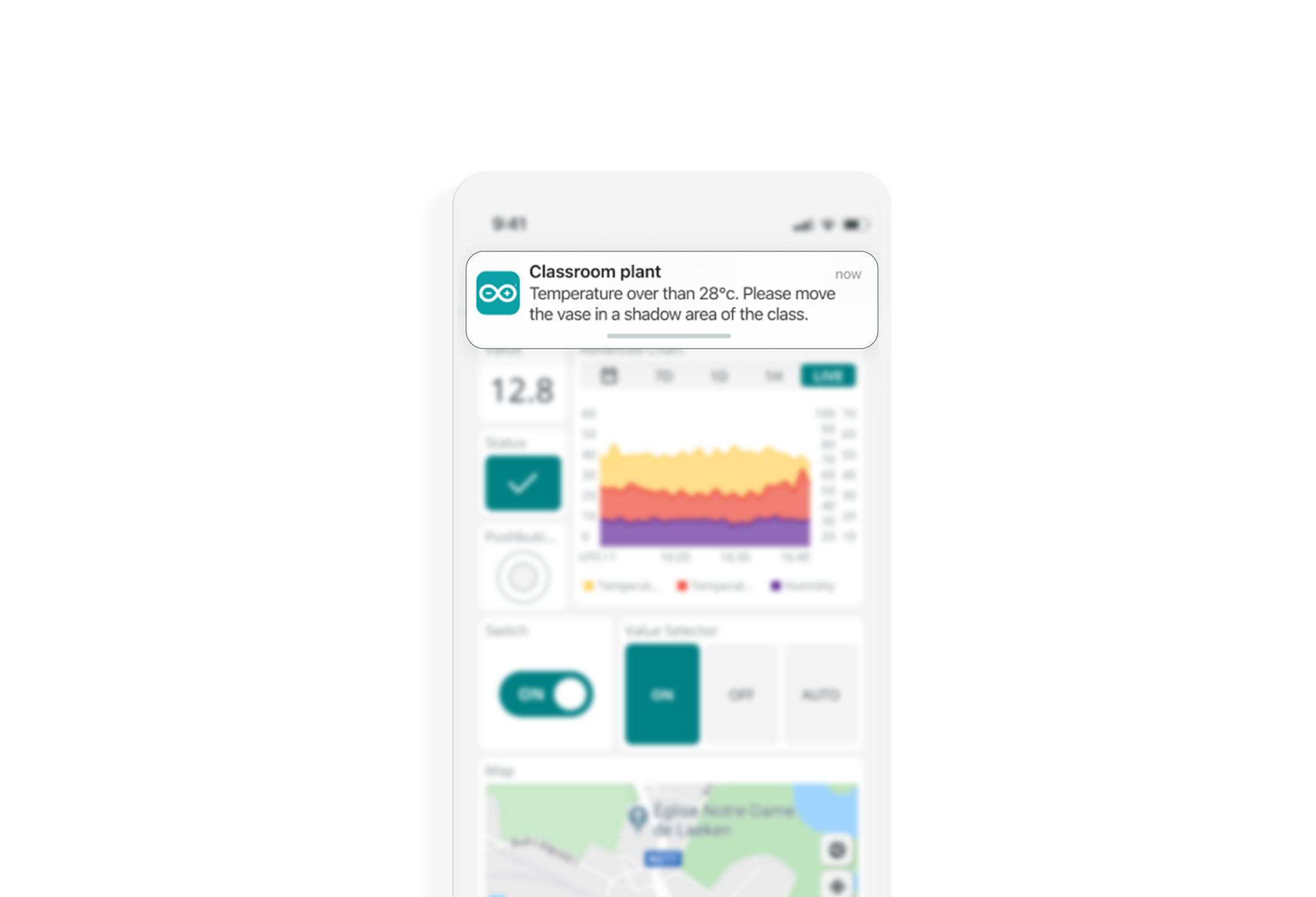 Notification on a smartphone shows: 'Classroom plan: Temperature over 28°C. Please move the vase to a shaded area of the classroom.'