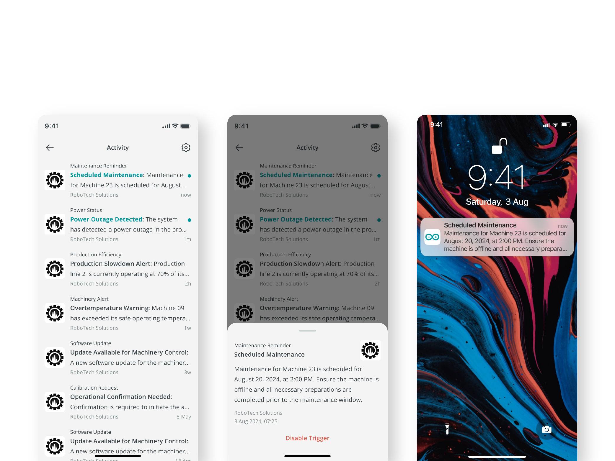 Three smartphone screens displaying a maintenance notification. Right: iPhone showing notification 'Scheduled Maintenance'. Left and centre: Notifications within an app.