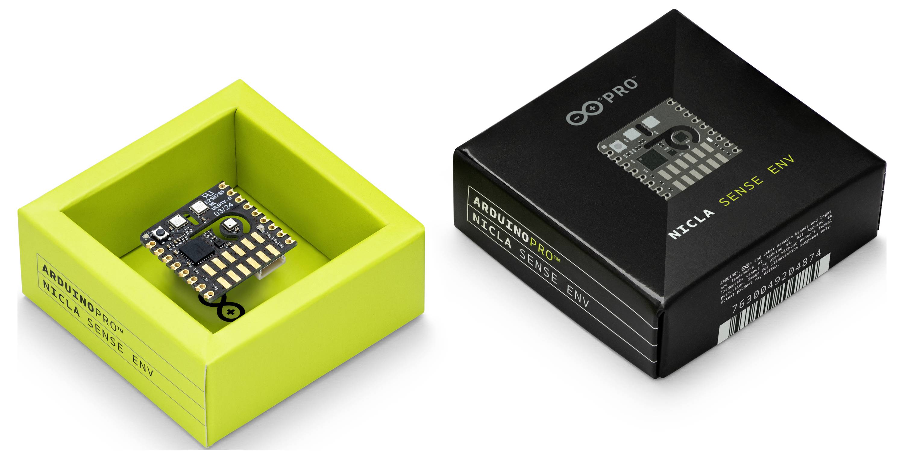Two packaging boxes for a microcontroller: On the left, a yellow box with an open lid, on the right, a black box with a closed lid, labelled 'Nicla Sense ME'.