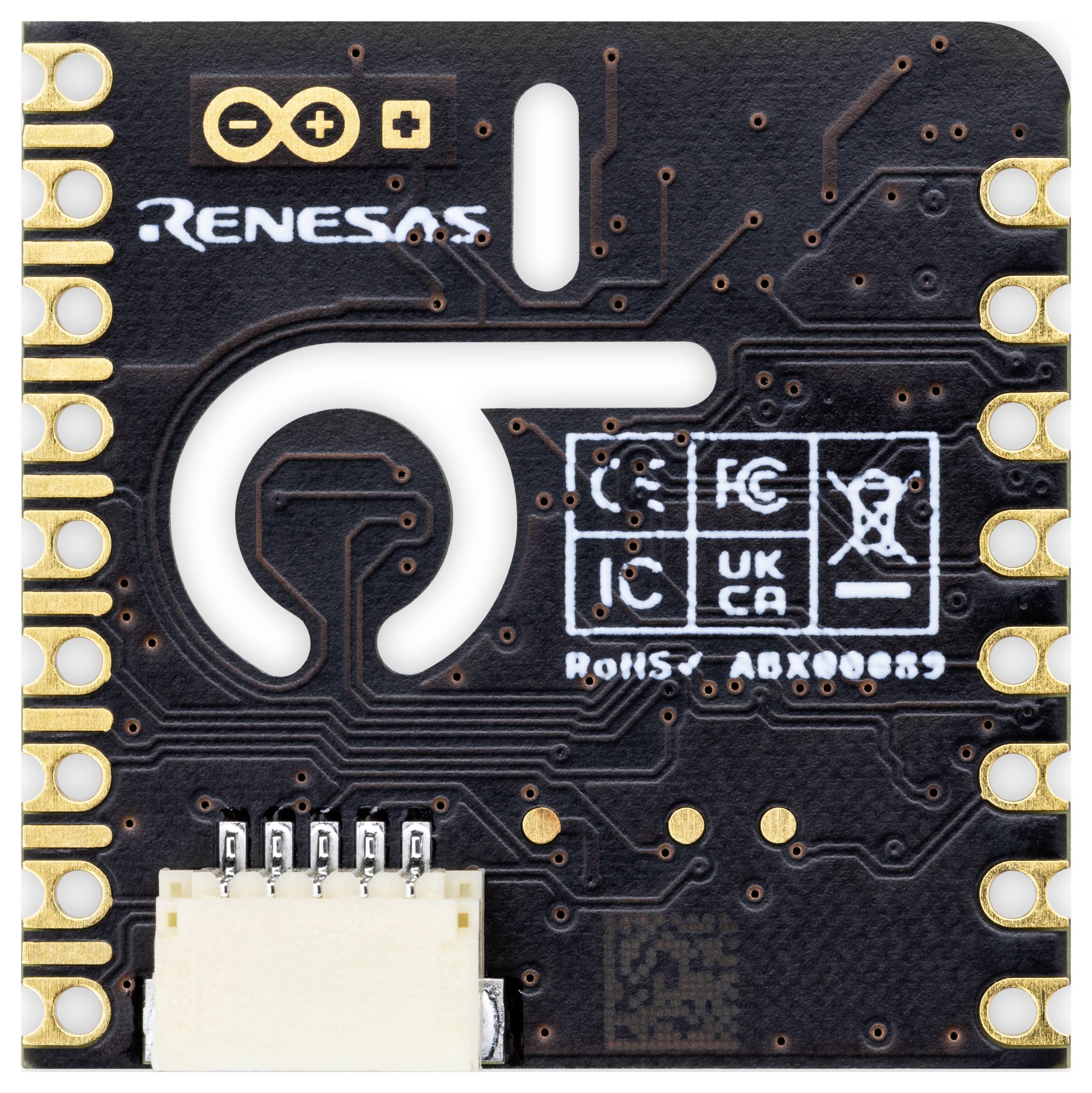 'Black microcontroller board with gold-plated connectors, Renesas brand name visible, CE and UKCA certifications printed.'