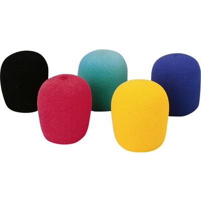Five colourful microphone windscreens arranged in a row in the colours black, red, blue, yellow, and turquoise.