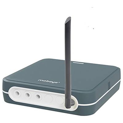 A dark green router with four round buttons and an upright antenna. The name 'mobaye' is printed on the casing.