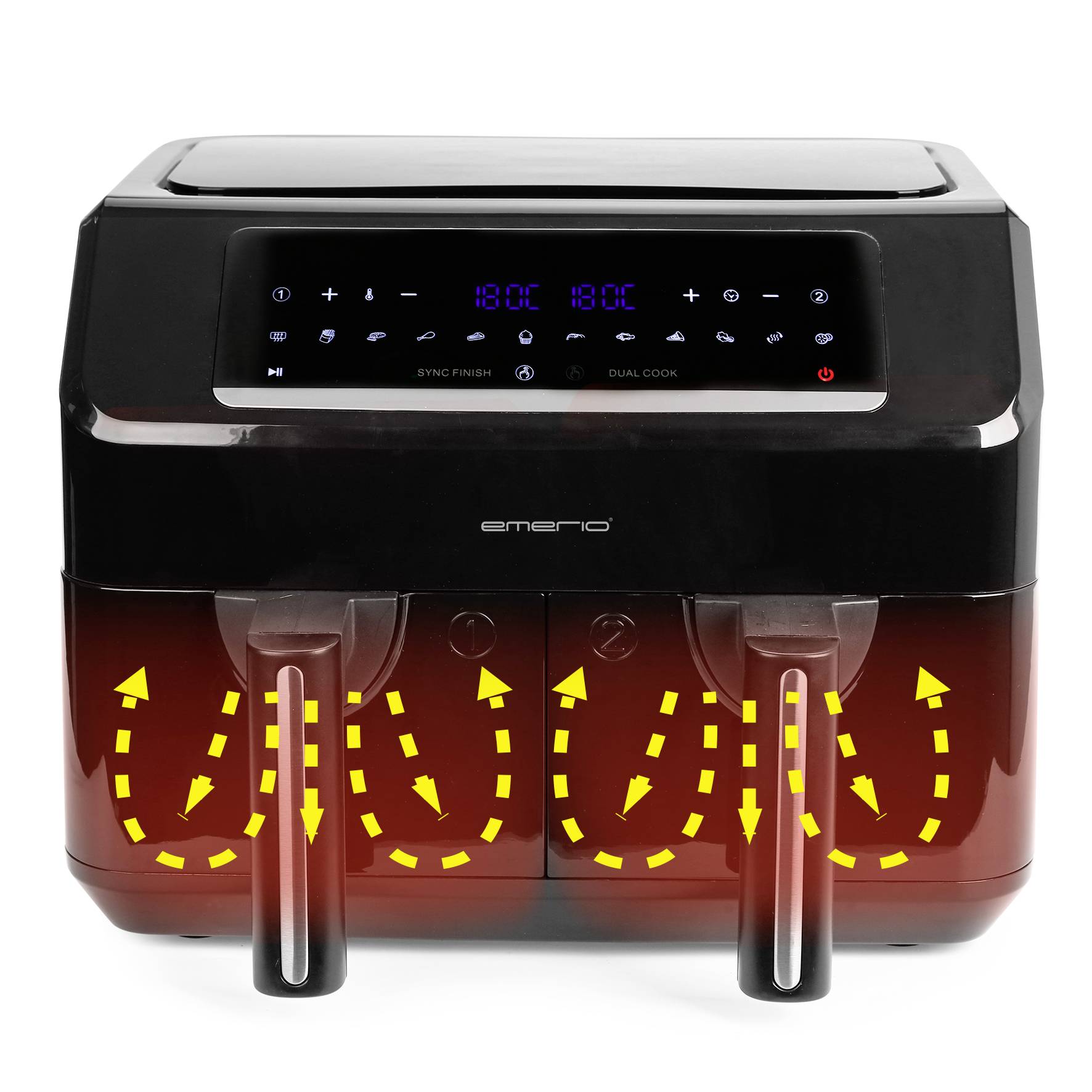 A black, digital air fryer with two compartments. Yellow arrows indicate the hot air circulation within the appliance.