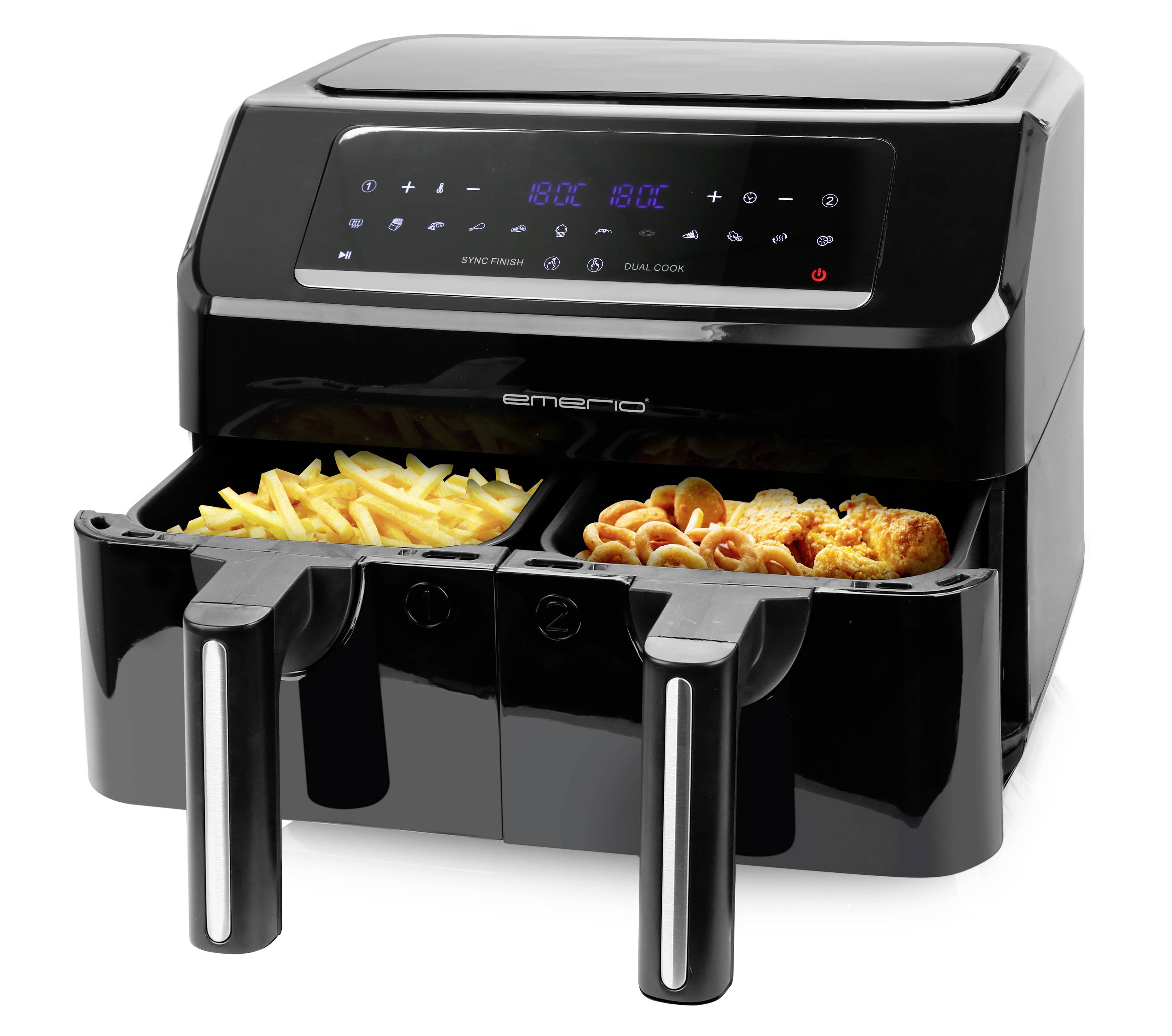 Black hot air fryer with two frying baskets, one with chips, the other with chicken pieces. Digital display on top.