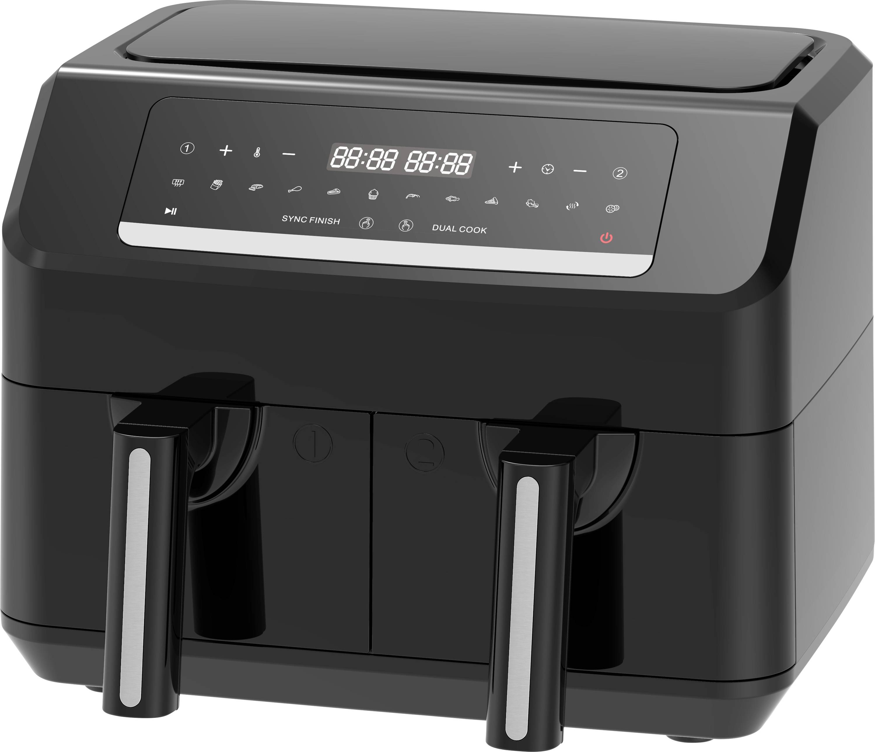 Black double hot air fryer with digital display and controls. Two drawers with handles are located underneath.