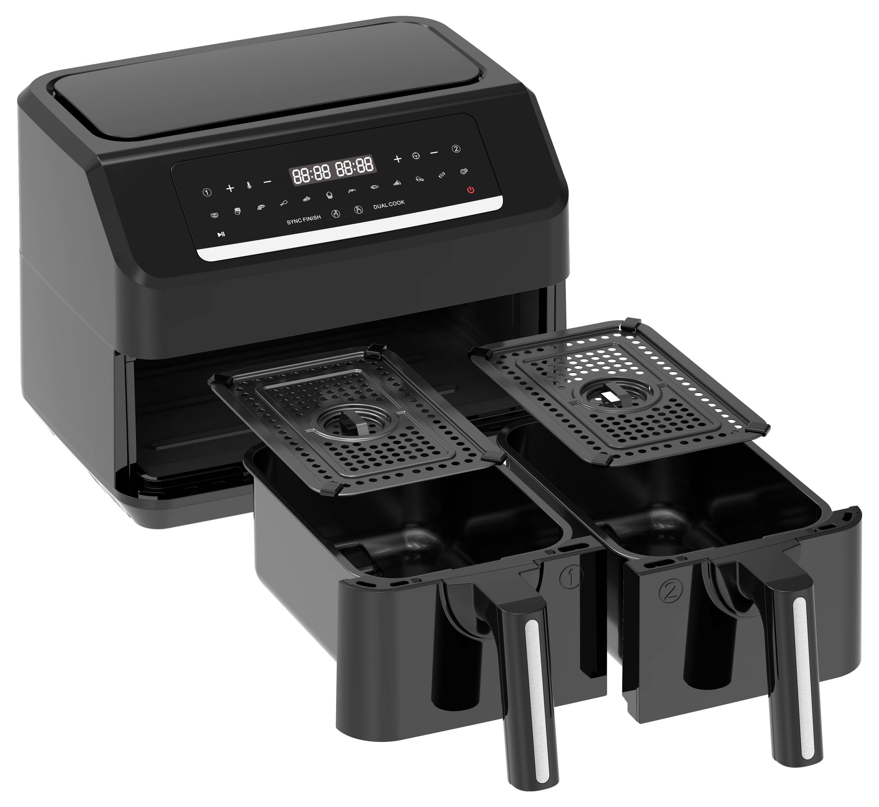 Two-basket air fryer with digital controls on top; suitable for simultaneously preparing different dishes.