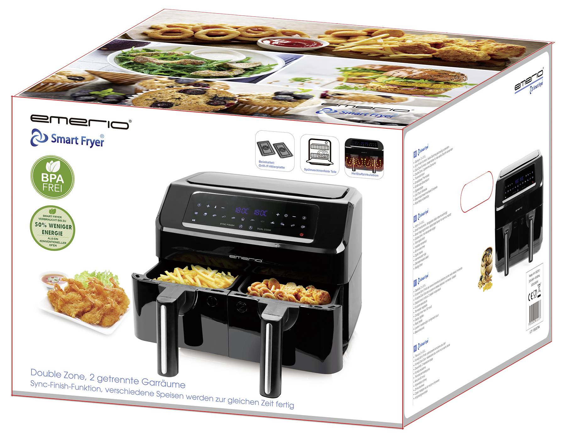 A black double deep fryer with two frying baskets, suitable for cooking different foods simultaneously. Packaging displays deep-fried dishes.
