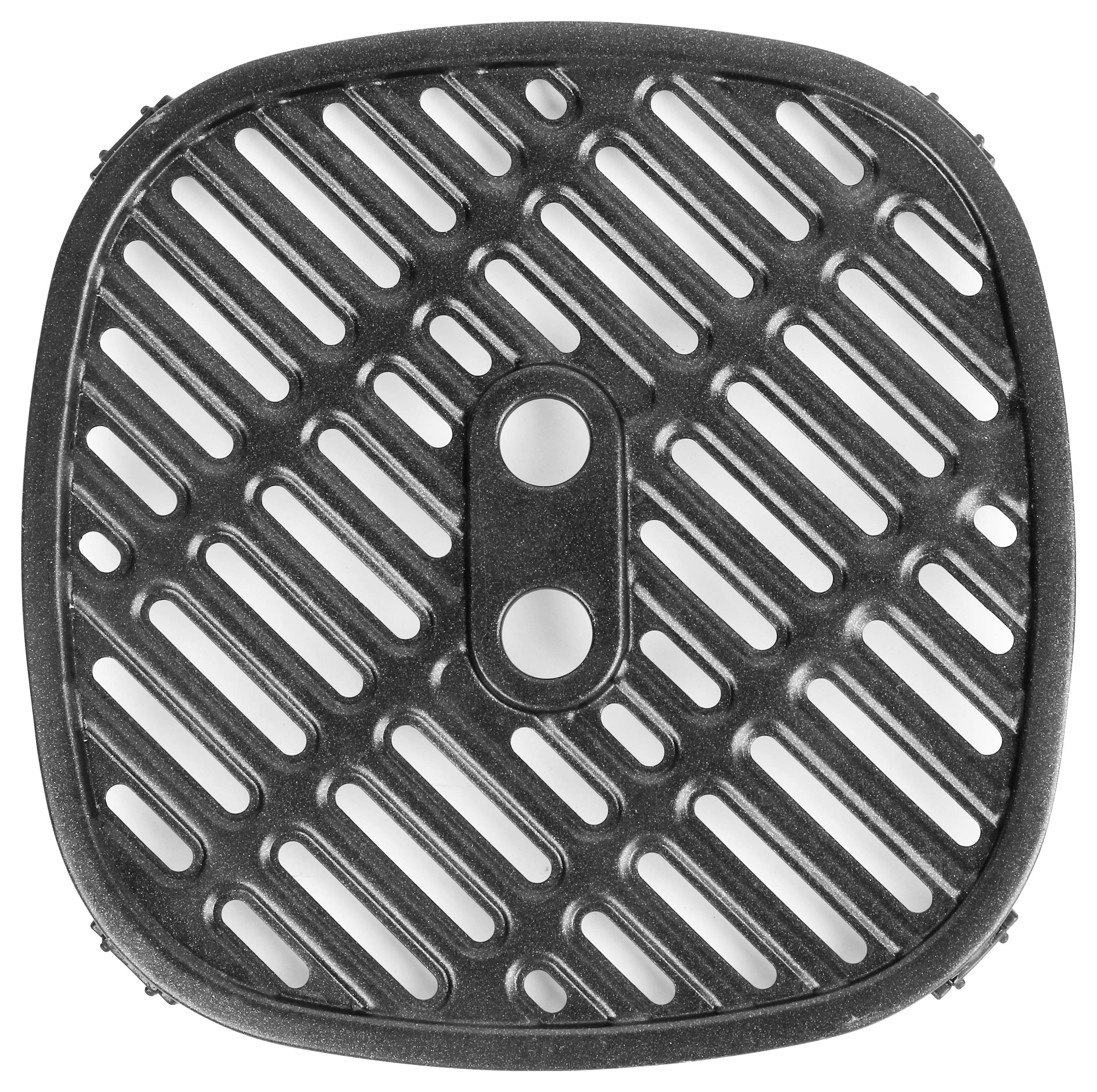 A rectangular grill grate with parallel, uniform slits, central screw holes, and rounded corners.