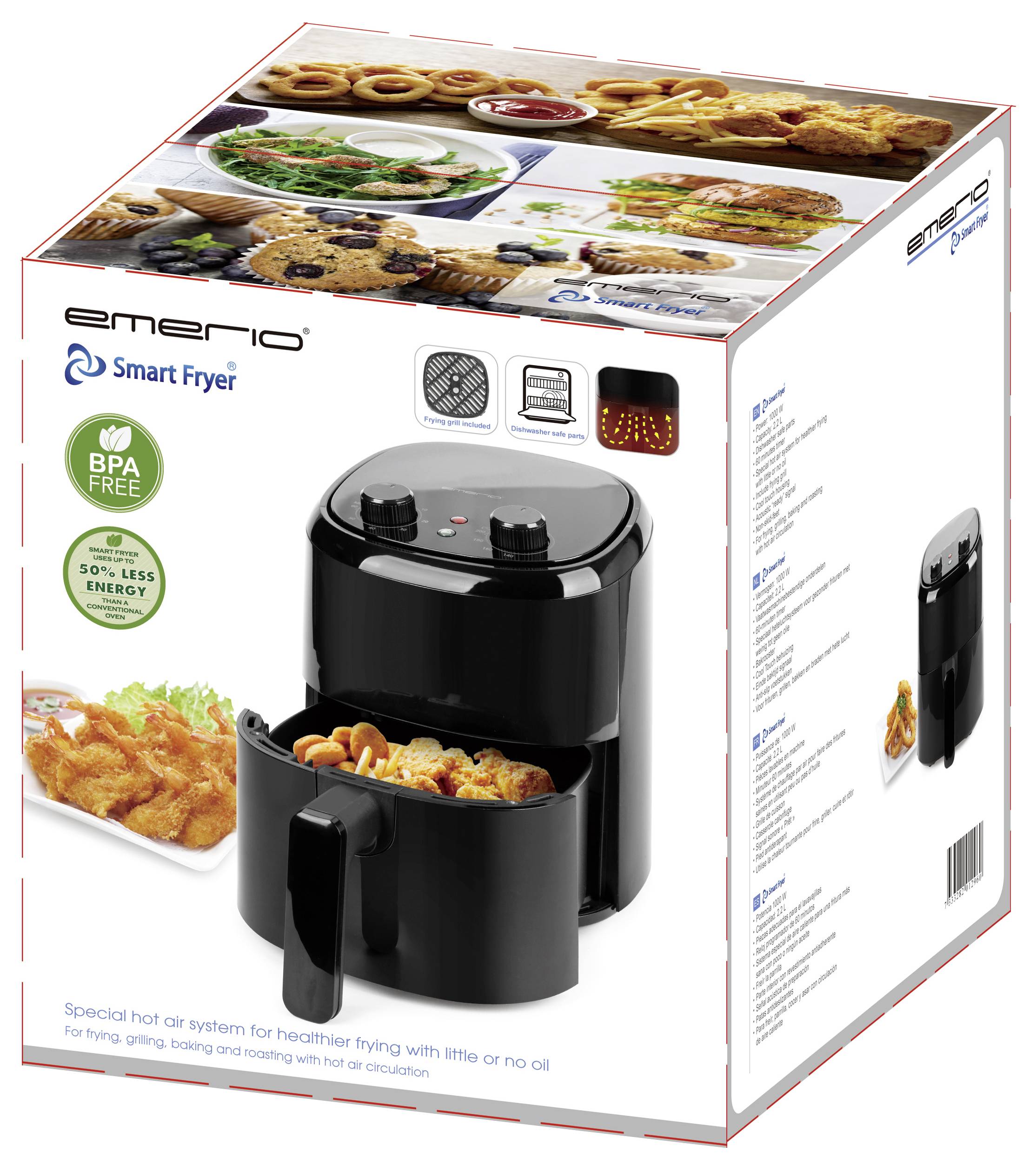 Hot air fryer packaging, showing the device and cooked food. Text: 'Emerio Smart Fryer, BPA free, 50% less energy.'