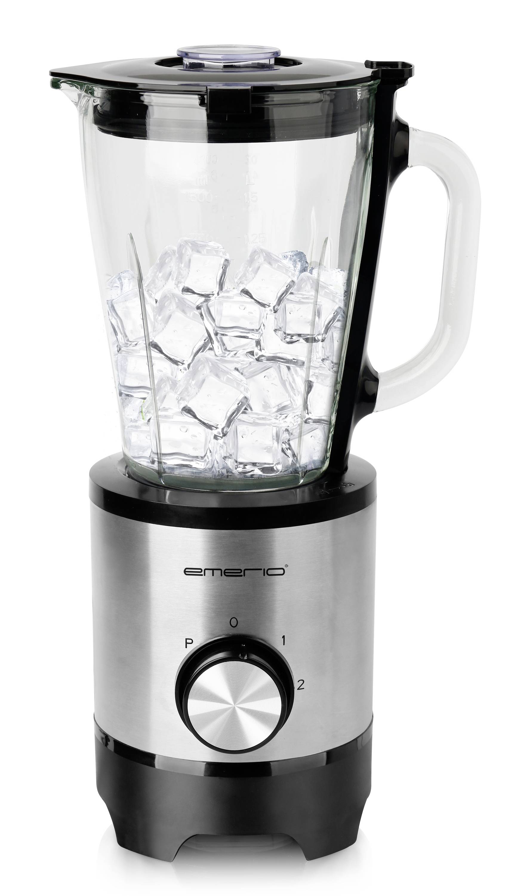 A blender with a glass container, filled with ice cubes, stands on a white surface. The blender has a black lid and a multi-setting dial.