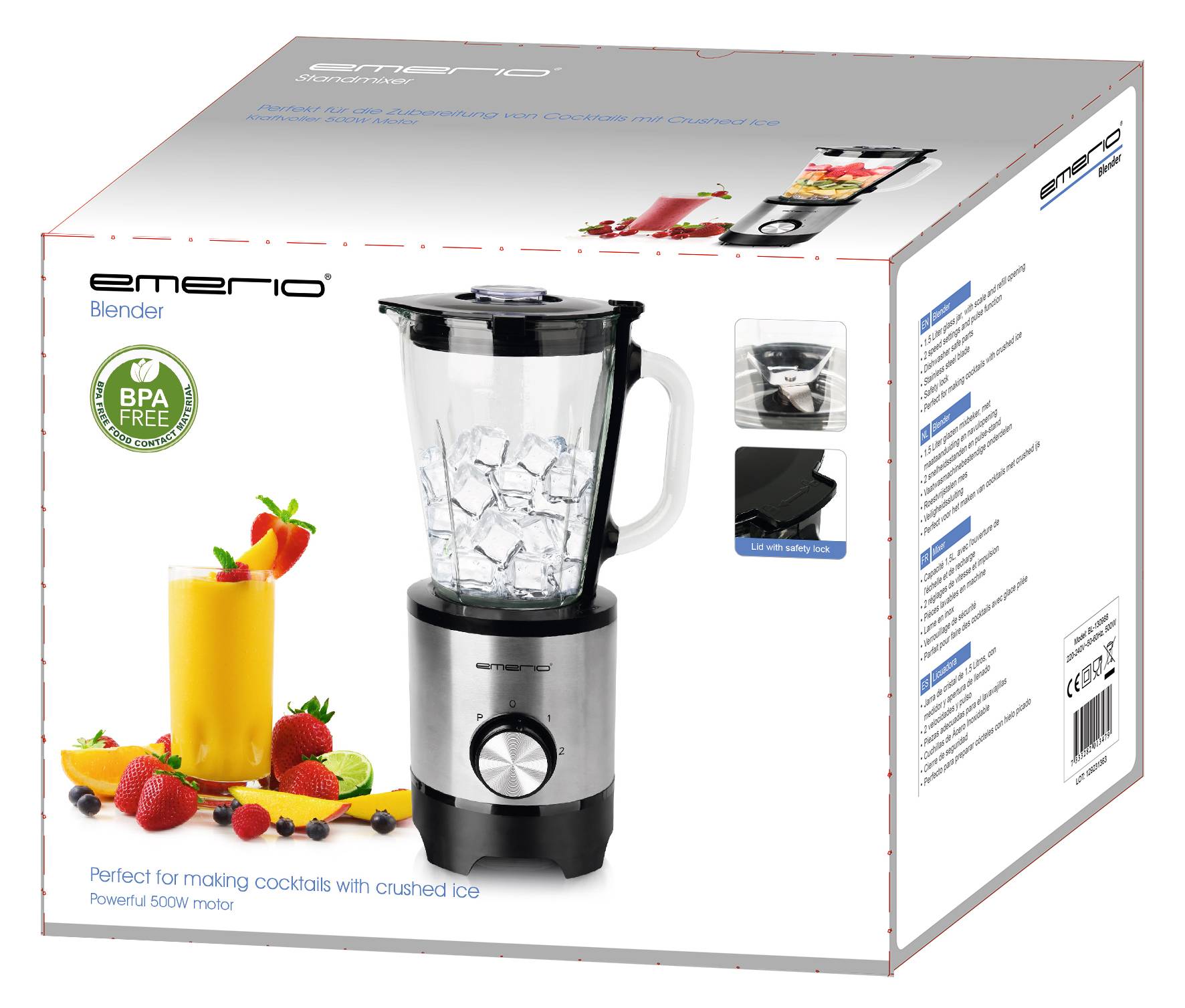 Packaging for an Emerio Blender, 500W, perfect for cocktails with ice. Displays the appliance on the front with fruits and a drink.