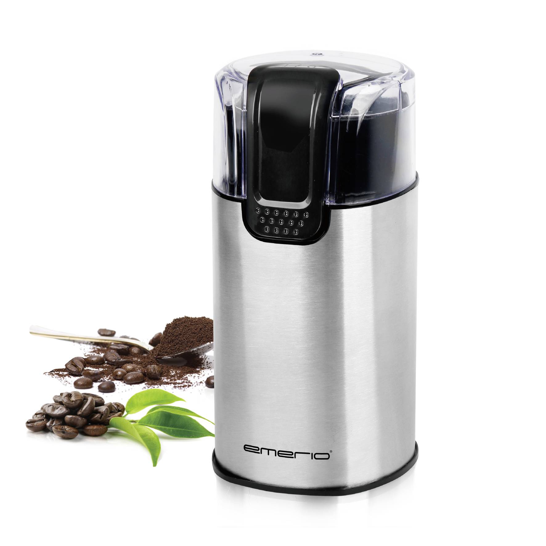A silver electric coffee grinder with a black lid sits next to coffee beans and ground coffee; brand name 'emerio'.
