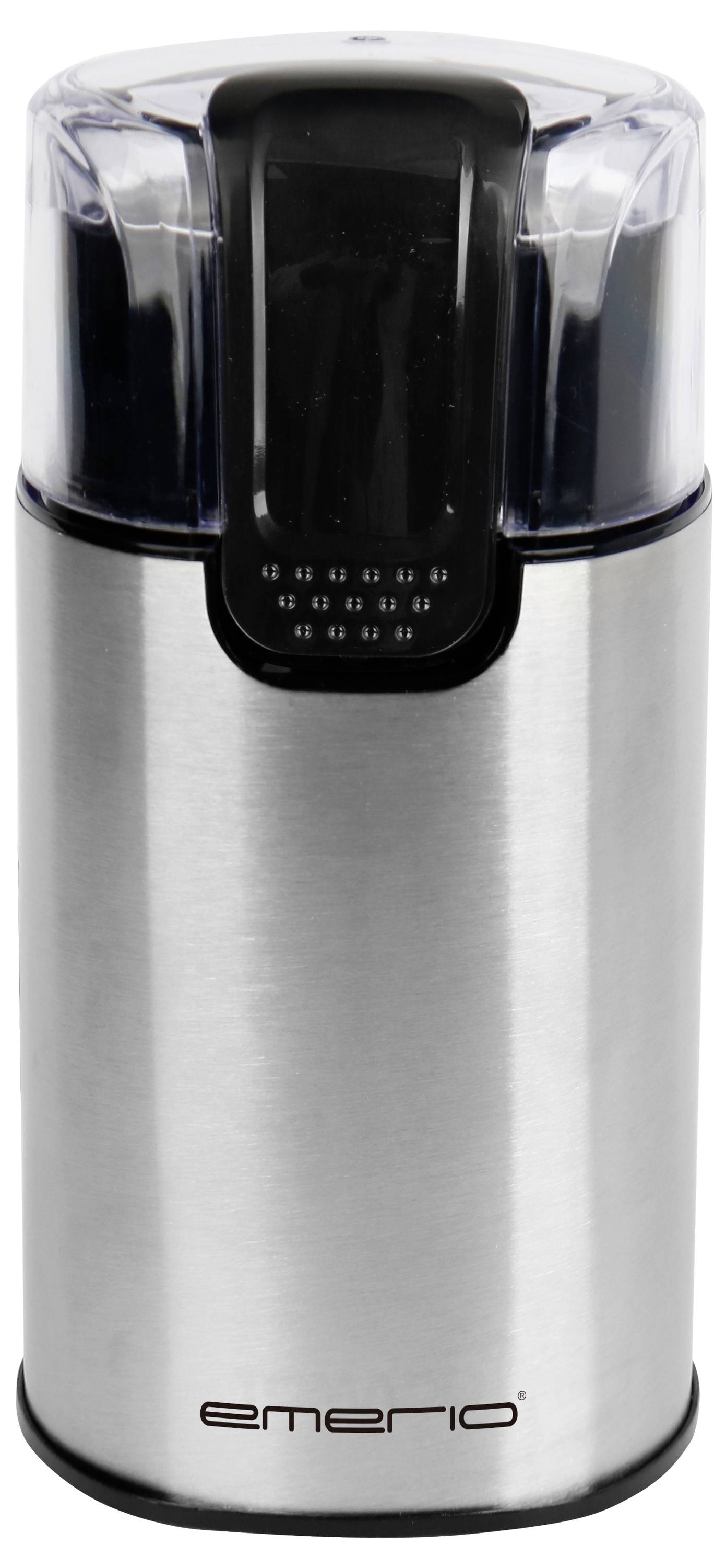 Silver electric coffee grinder with transparent lid and black push button on top.