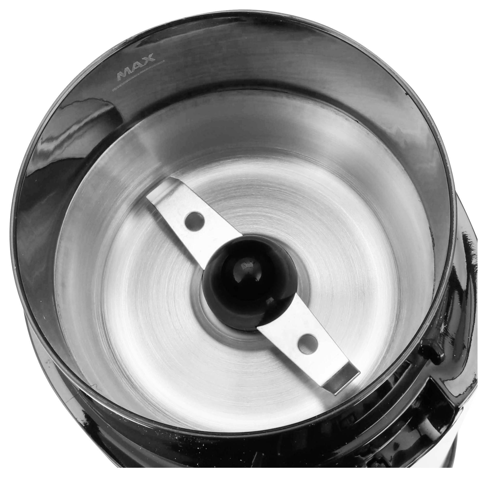 A stainless steel electric grinder with two sharp blades, suitable for grinding coffee or spices.