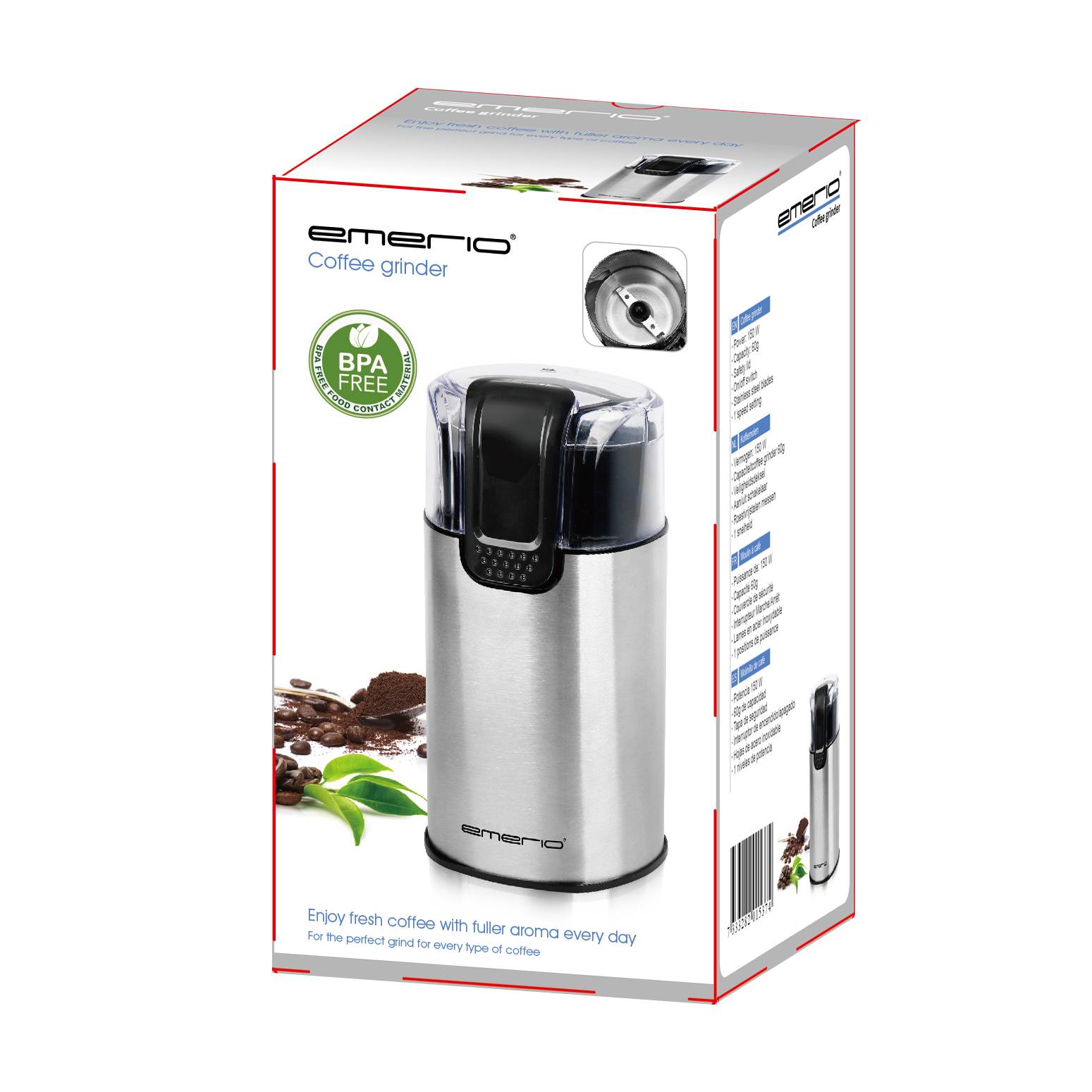 'Emerio brand coffee grinder' pictured. Stainless steel material, BPA-free. Packaging shows product photo and function. Suitable for fresh coffee.