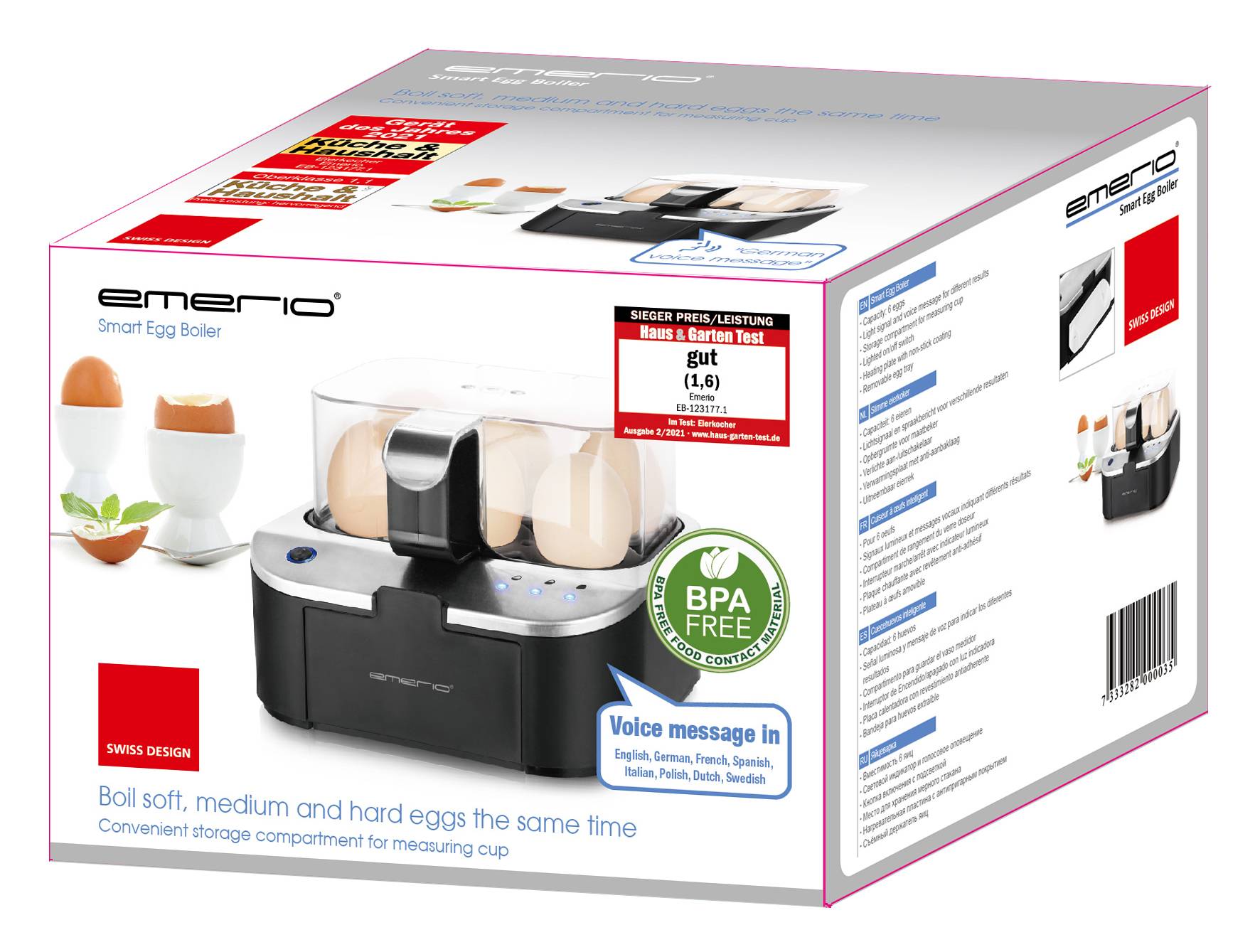 Packaging for an egg cooker with capacity for multiple eggs, BPA-free. Includes text describing functions such as soft, medium, and hard-boiled eggs.