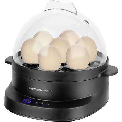 An electric egg cooker with a transparent lid shows six eggs. The device is black with control lights at the front.