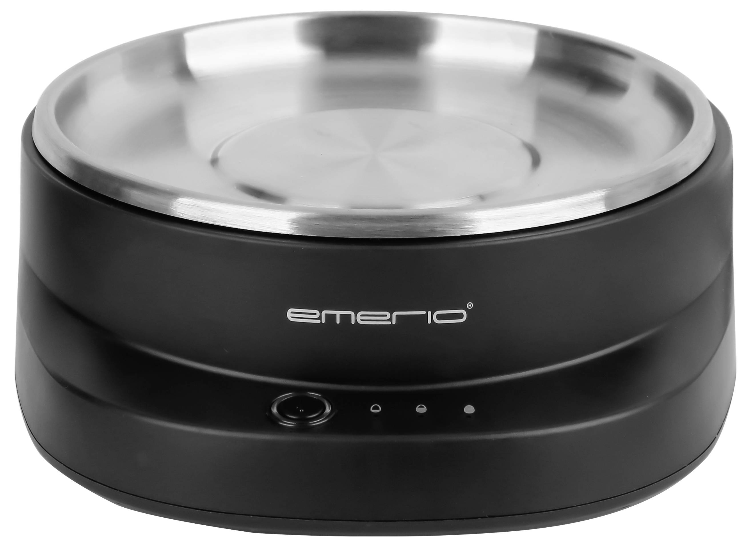 A black, round electric warming plate by 'Emerio' with a stainless steel tray. Perfect for keeping food warm.