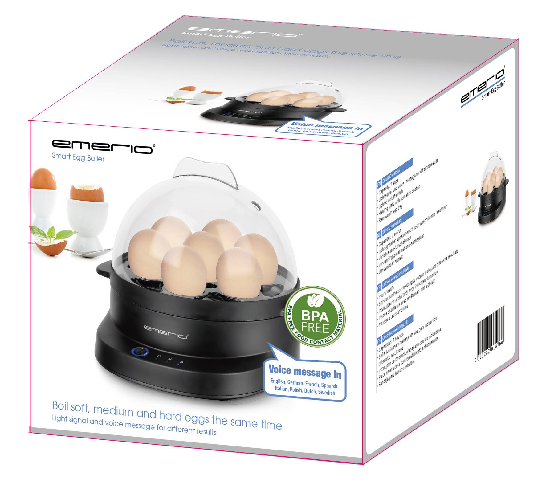 Electric egg cooker with space for six eggs. Inscription: 'Cook soft, medium, and hard-boiled eggs simultaneously'. BPA-free.