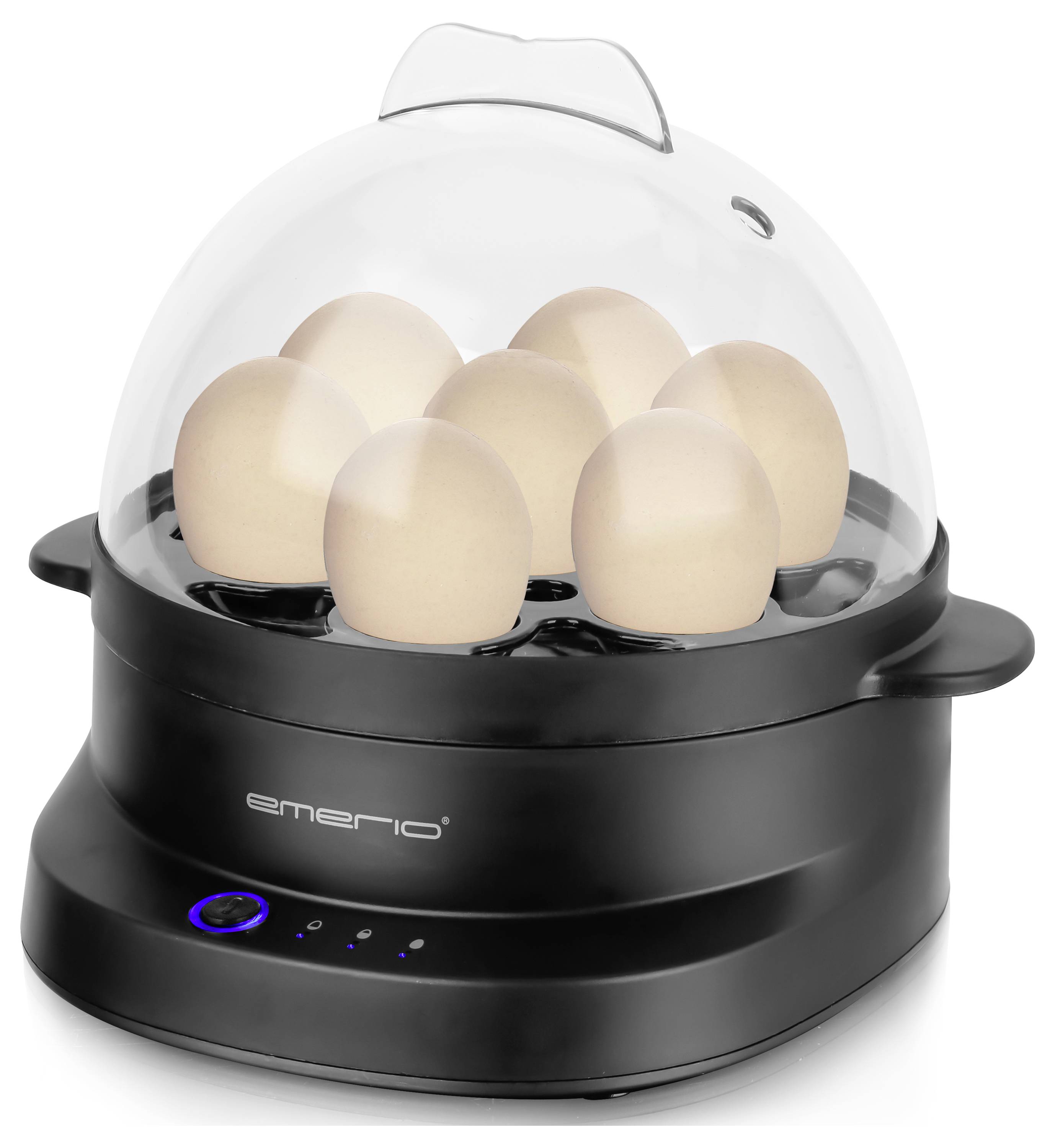 An electric egg boiler with a transparent lid, capable of holding six eggs.