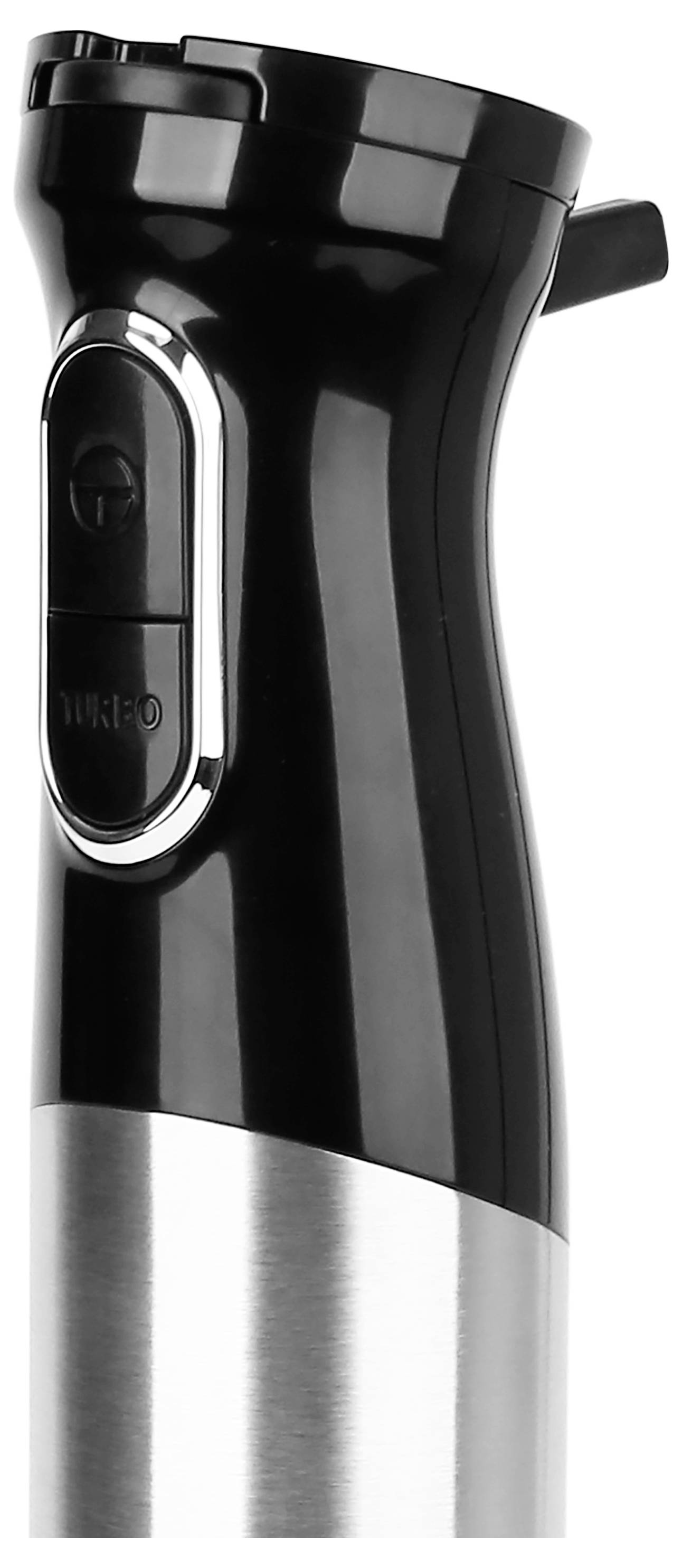 Black and silver electric mixer handle with switch, viewed from the side.