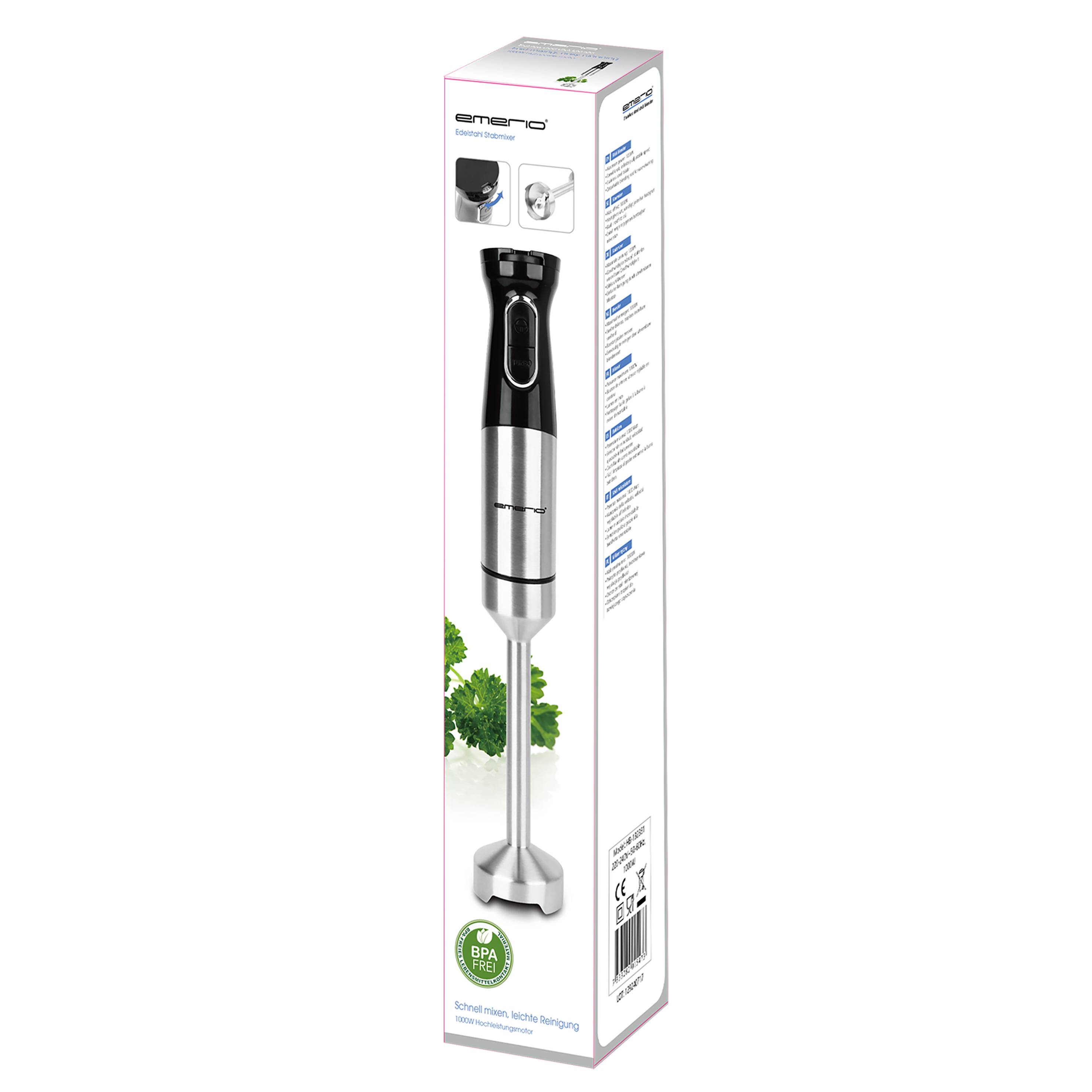 Hand Mixer Packaging with an image of the stainless steel high-performance mixer and accessories. Details about BPA-free material and technical specification.