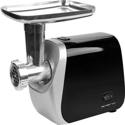 A metal and plastic electric meat grinder with a black casing and silver details, suitable for mincing meat.
