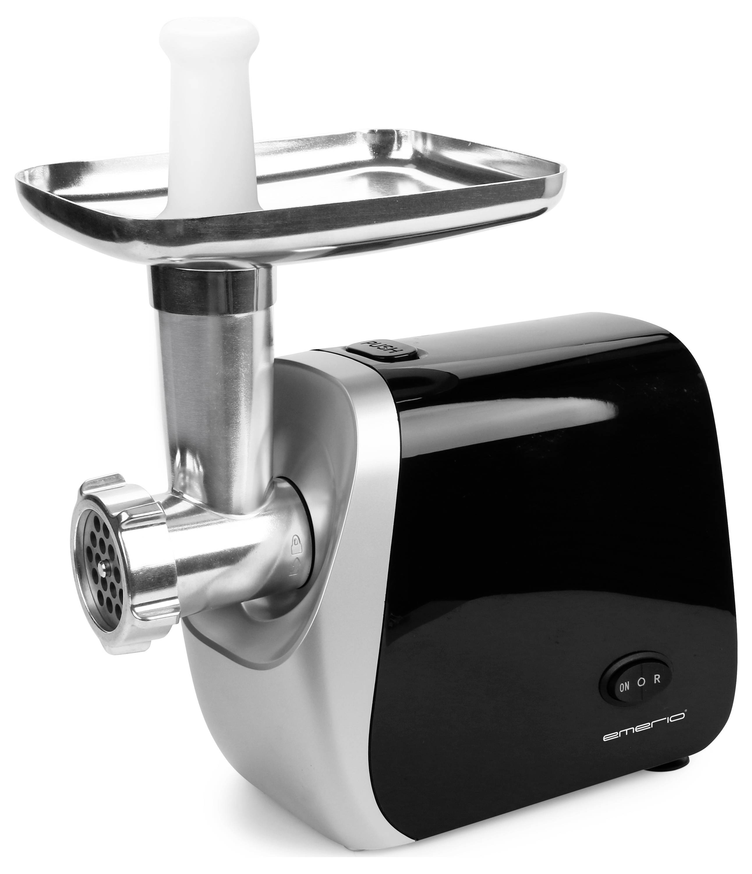 Electric meat mincer with black casing and metal funnel, suitable for mincing meat.