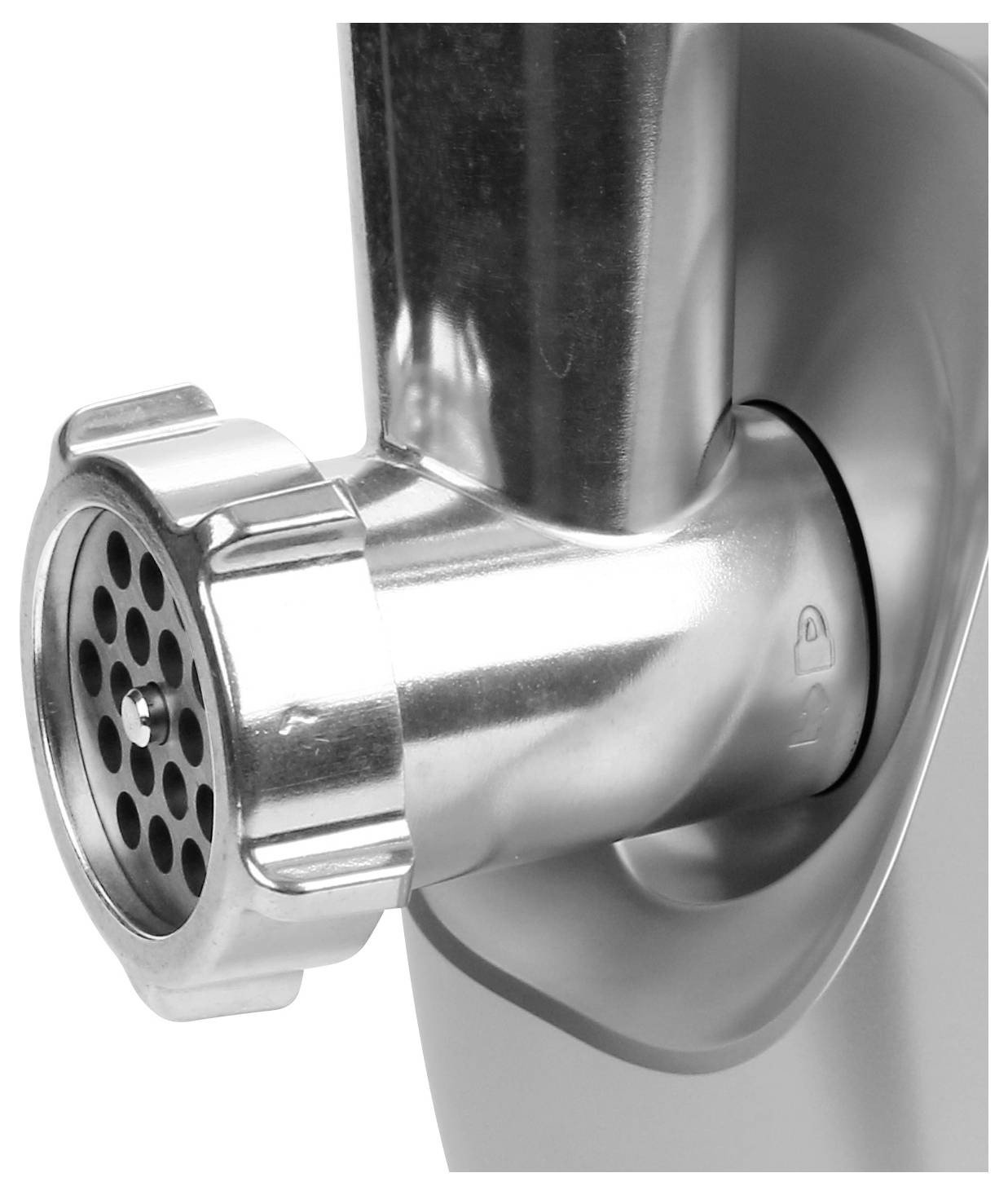 A close-up of a silver metal mincer with a round opening and small holes, attached to a kitchen appliance.