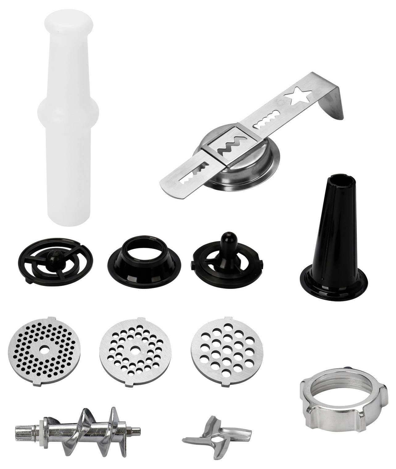 Various attachments and accessories for a mincer, including an auger, different perforated discs, and filling tubes.