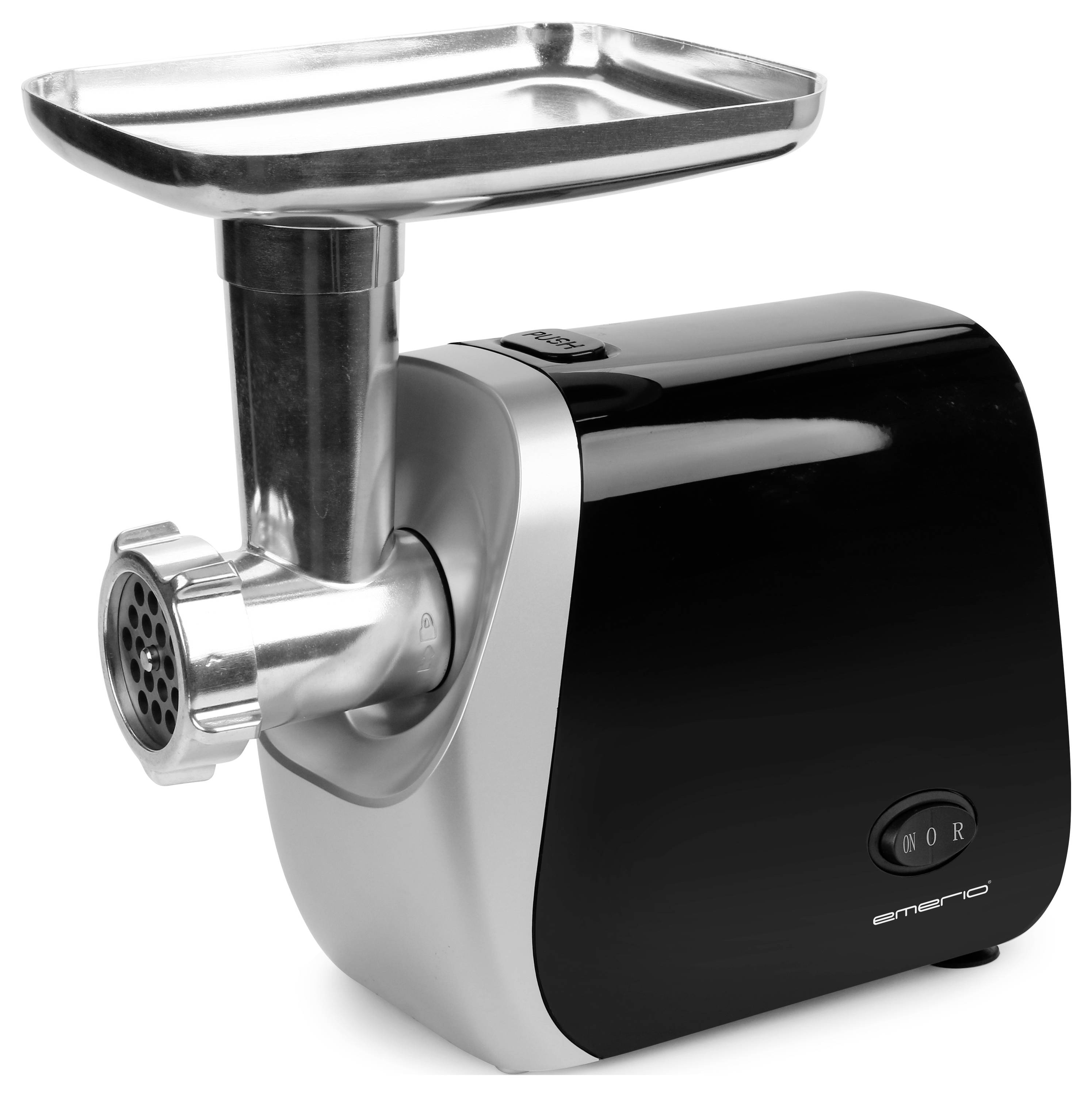 Electric meat grinder with silver loading tray and black casing, suitable for processing meat in the kitchen.